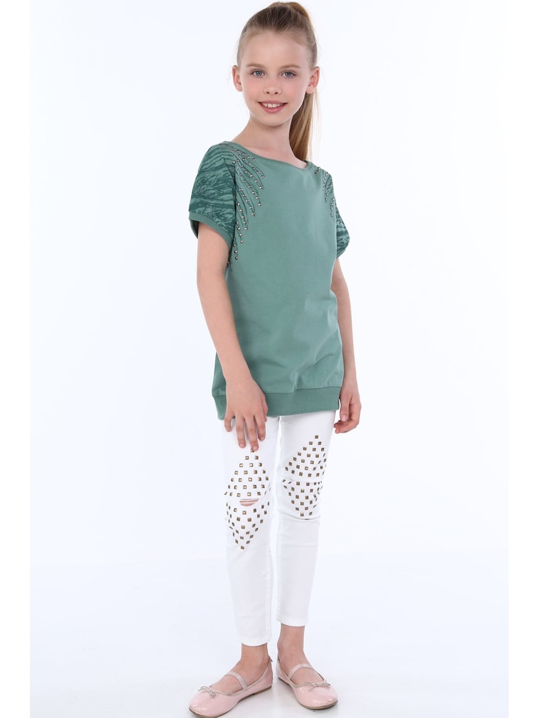 Girls\' blouse with round studs, green NDZ8282 - Online store - Boutique